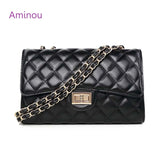 Aminou Brands Leather Flap Bag Black Quilted Crossbody Bag Luxury Handbags Women Bags Designer Chains Shoulder Ladies Hand Bags