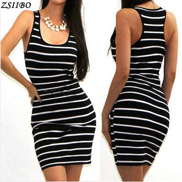 Casual Women Striped Bandage Bodycon Dress Sexy Slim Sleeveless Evening Party Mini Dress