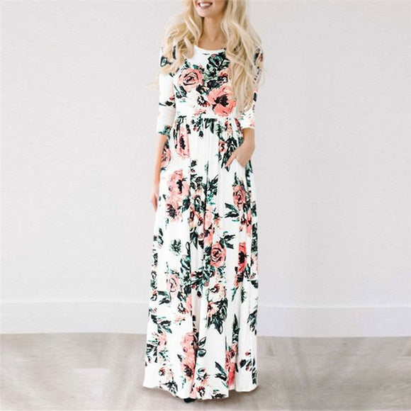 2019 Summer Long Dress Floral Print Boho Beach Dress