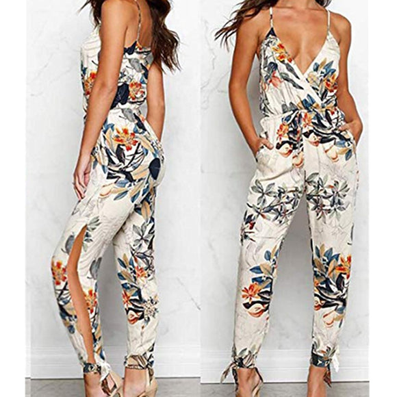 2019 Summer Women Casual Sleeveless V-Neck Jumpsuits Fashion Ladies Boho Floral Bodysuit Wide Leg Loose Long Pants Trousers