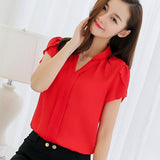 2019 Summer Women Chiffon Blouse Short Sleeve Red Ladies Office Ladies Shirt