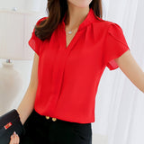 2019 Summer Women Chiffon Blouse Short Sleeve Red Ladies Office Ladies Shirt