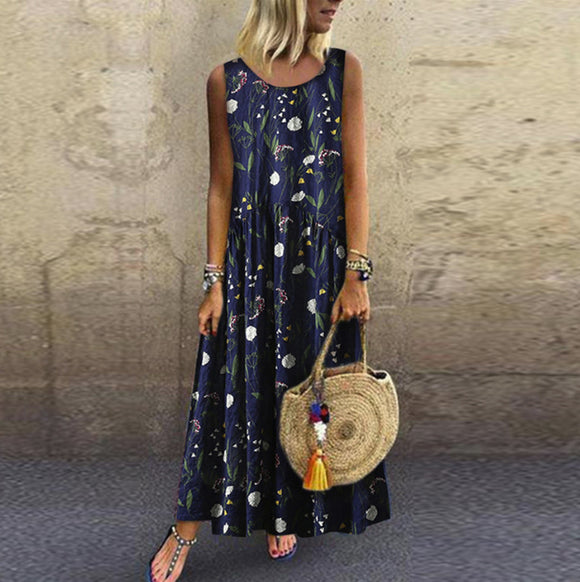 2019 Women's Dresses Plus Size Bohemian O-Neck Floral Print Dress