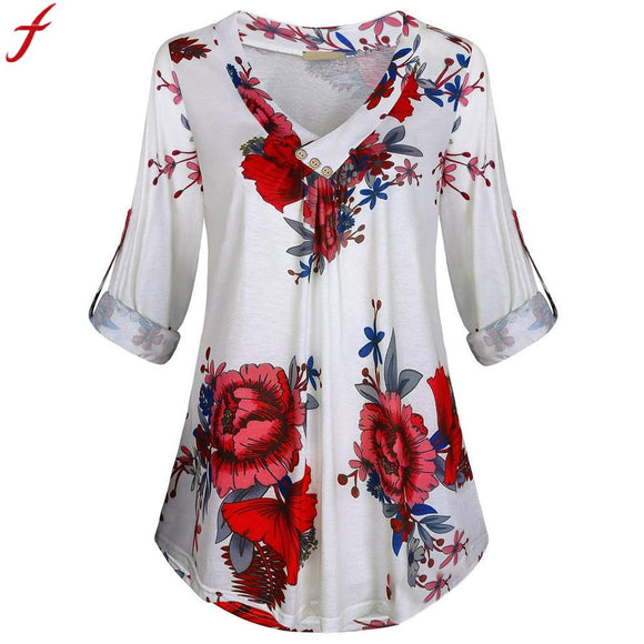 Women Tunic Shirt 2018 Autumn Long Sleeve Floral Print V-neck Blouses And Tops With Button Big Size Women Clothing