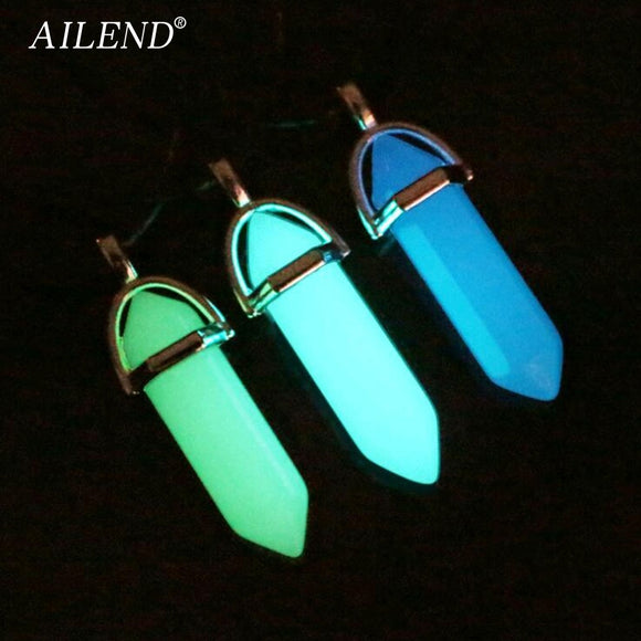 AILEND 2018 New Luminous Stone Fluorescent Hexagonal Column Necklace Natural Crystal Gem Stone Pendant Leather Chains Necklace