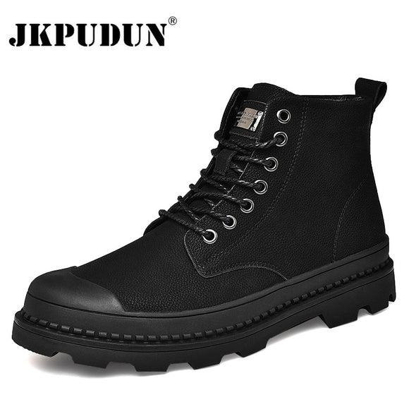 Black Warm Winter Men Boots Genuine Leather Ankle Boots
