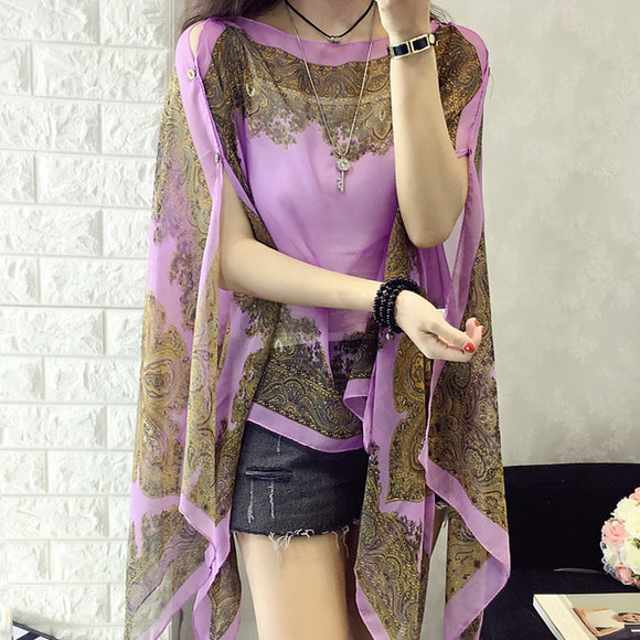 Fashion Floral Chiffon Blouses Women Spring Summer Style Beachwear Cover up