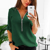 LAAMEI Zipper Short Sleeve Women Shirts Sexy V Neck