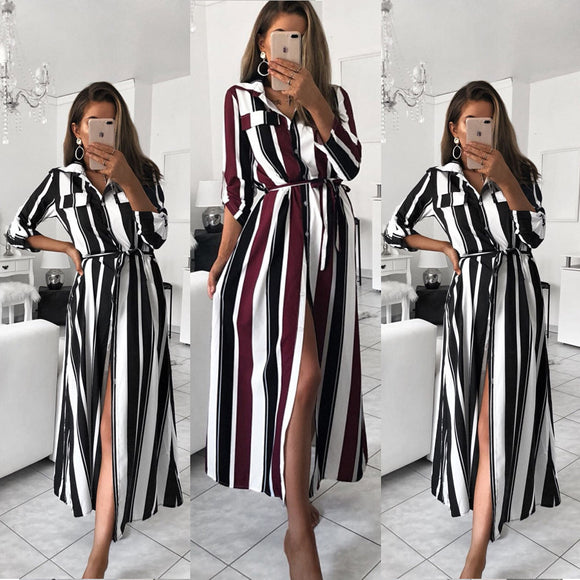 Leo Rosi Stripe Maxi Dress 2019 Office Lady Turn-Down Collar Button Long Shirt Dress