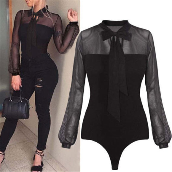 New 2018 Summer Bodysuit Women Sexy Bow Black Mock Neck Tops