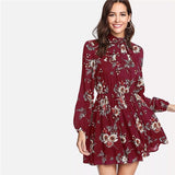 Floral Women Dresses Multicolor Elegant Long Sleeve High Waist A Line Chic Dress Ladies Tie Neck Dress