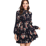 Floral Women Dresses Multicolor Elegant Long Sleeve High Waist A Line Chic Dress Ladies Tie Neck Dress