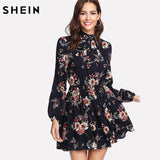 Floral Women Dresses Multicolor Elegant Long Sleeve High Waist A Line Chic Dress Ladies Tie Neck Dress