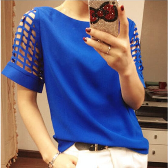 Summer Women Chiffon Blouse Hollow Short sleeve shirt