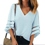 V Neck Flared Sleeves Mesh Patchwork Shirts for women