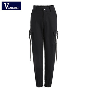 Vangull Black High Waist Cargo Pants Women Pockets Patchwork Loose Streetwear Pencil Pants 2019 Fashion Hip Hop Women's Trousers