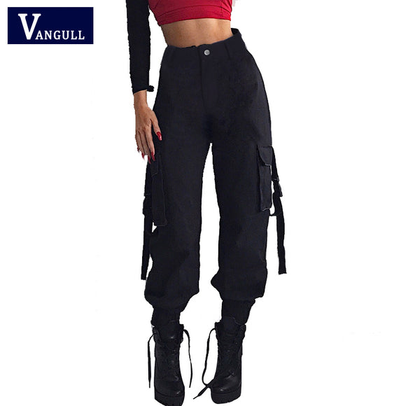 Vangull Black High Waist Cargo Pants Women Pockets Patchwork Loose Streetwear Pencil Pants 2019 Fashion Hip Hop Women's Trousers