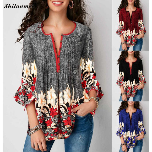 Women Blouse Three Quarter Sleeve Floral Print Causal Loose Tunic Women Blouse Shirts