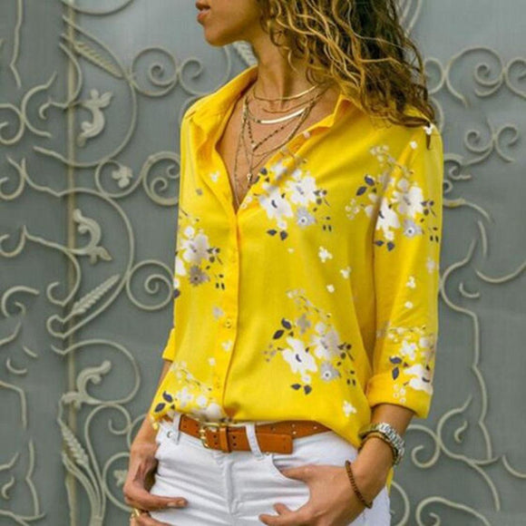 Women Casual Floral Print Button Down Long Spring Regular Sleeve Shirt Turn Collar Summer Blouse