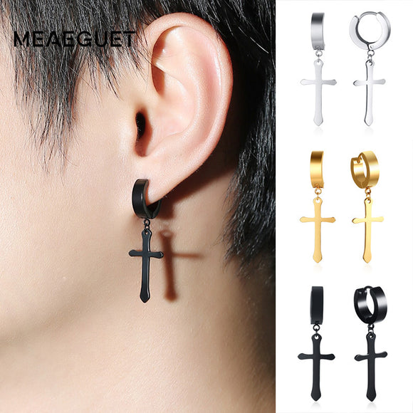 Meaeguet Cross Dangle Earrings Trending Style Round Stainless Steel Drop Earring For Women Men Party Ear Enamel Brinco Jewelry