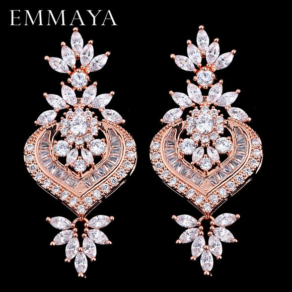 EMMAYA New Rose Gold Luxury Big Long Flower Pendant Drop Earrings With Shining CZ Brincos Bridal Women Wedding Jewelry