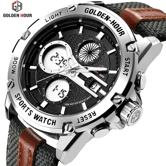 GOLDENHOUR Men's Fashion Outdoor Sports Analog Digital Watches Waterproof LED Display Army Watch Military Wristwatches for Men