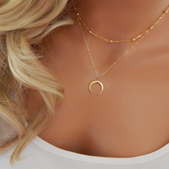 KISSWIF Bohemian Double-angle Necklace Gold Silver Moon Layered Necklace Crescent Moon Horn Pendant Jewelry for Women Gift