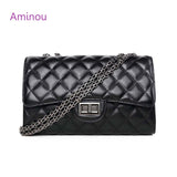 Aminou Brands Leather Flap Bag Black Quilted Crossbody Bag Luxury Handbags Women Bags Designer Chains Shoulder Ladies Hand Bags
