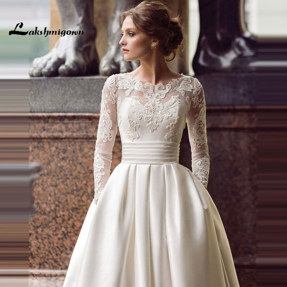 Modest Long Sleeve Wedding Dresses Turkey Scoop Satin Appliqued A-line Bridal Gown with Pockets Vestidos de Novia