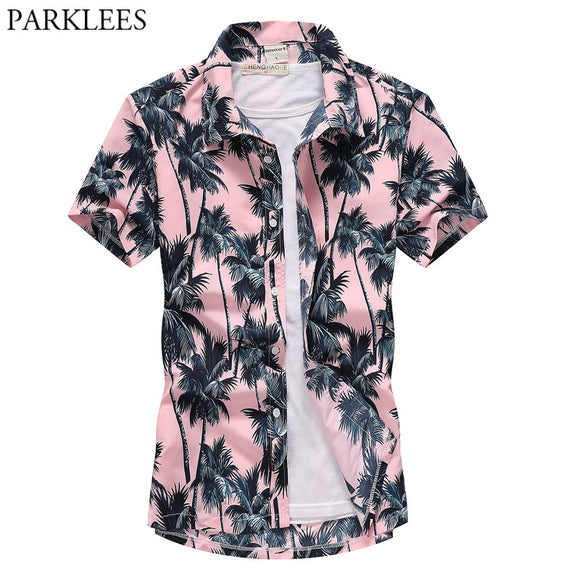 Pink Hawaiian Beach Short Sleeve Shirt Men 2019 Summer Fashion Palm Tree Print Tropical Aloha Shirts Mens Party Holiday Chemise