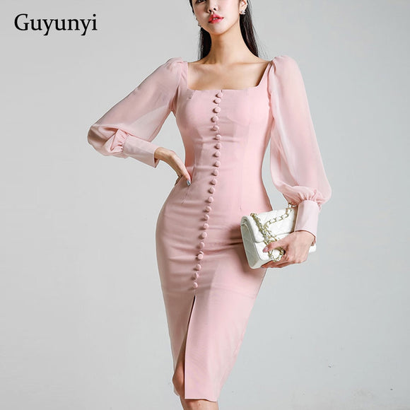 Temperament office dress square collar single-breasted chiffon stitching long-sleeved bag hip slim dress 2019 spring party dress
