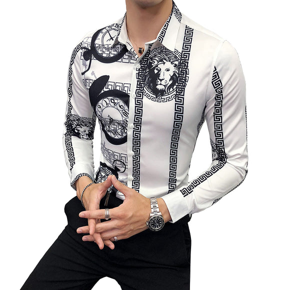 2019 New Fashion Boutique Printing Men's Slim Casual Long-sleeved Shirts / European and American Fashion Mens Shirts Black White