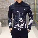 2019 New Fashion Boutique Printing Men's Slim Casual Long-sleeved Shirts / European and American Fashion Mens Shirts Black White