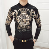 2019 New Fashion Boutique Printing Men's Slim Casual Long-sleeved Shirts / European and American Fashion Mens Shirts Black White