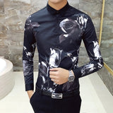 2019 New Fashion Boutique Printing Men's Slim Casual Long-sleeved Shirts / European and American Fashion Mens Shirts Black White