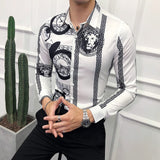 2019 New Fashion Boutique Printing Men's Slim Casual Long-sleeved Shirts / European and American Fashion Mens Shirts Black White