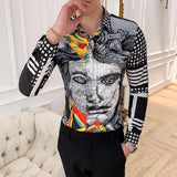 2019 New Fashion Boutique Printing Men's Slim Casual Long-sleeved Shirts / European and American Fashion Mens Shirts Black White