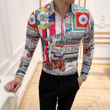 2019 New Fashion Boutique Printing Men's Slim Casual Long-sleeved Shirts / European and American Fashion Mens Shirts Black White