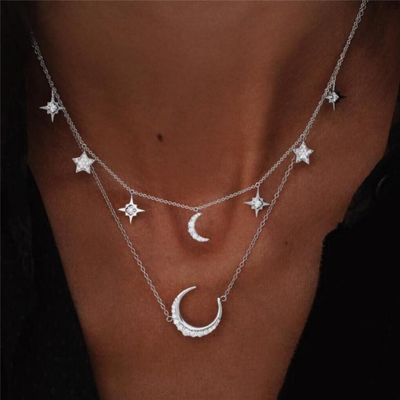 fuyo Star Moon Pendant Necklace Boho Geometric Crystal Layered Necklaces for Women Girl Waterdrop Collar Choker Jewelry