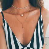 fuyo Star Moon Pendant Necklace Boho Geometric Crystal Layered Necklaces for Women Girl Waterdrop Collar Choker Jewelry